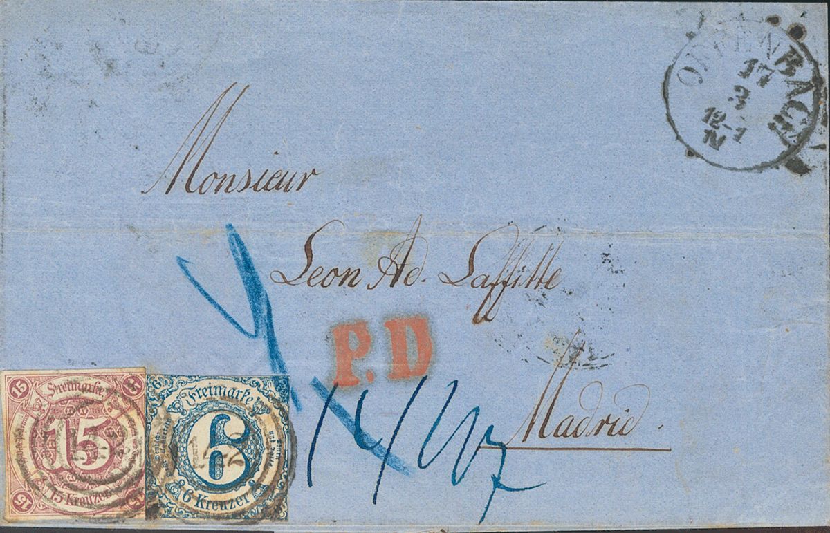 2118 Thurn And Taxis. 1865. COVER. Yv. 40, 43. 15 K Lilac And 6 K Blue. OFFENBACH To MADRID. Postmark Numeral "142" And  - Andere & Zonder Classificatie