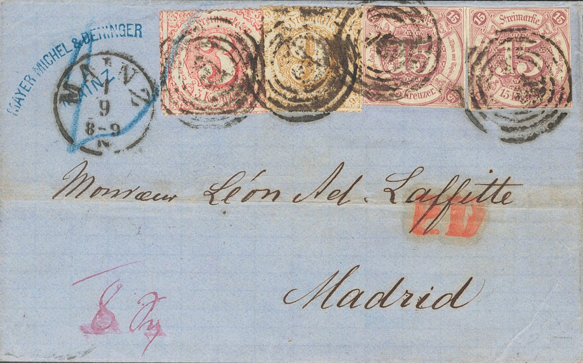 2120 Thurn And Taxis. 1868. COVER. Yv. 40(2), 46, 48. 15 K Lilac, Two Stamps, 3 K Pink And 9 K Bistre. MAINZ To MADRID.  - Andere & Zonder Classificatie