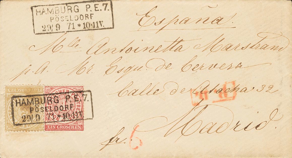 2121 Alemania-Confederación Norte. 1871. SOBRE. Yv. 15, 17. 1 G Carmín Y 5 G Bistre. HAMBURGO A MADRID. Matasello Rectan - Andere & Zonder Classificatie