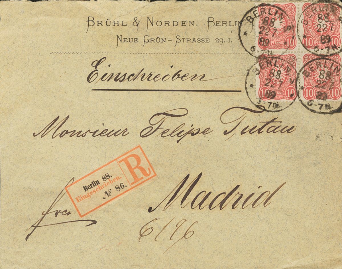 2125 Germany. 1889. COVER. Yv. 32(4). 10 P Pink, Four Stamps. Registered From BERLIN To MADRID. On Reverse Arrival. VERY - [Voorlopers