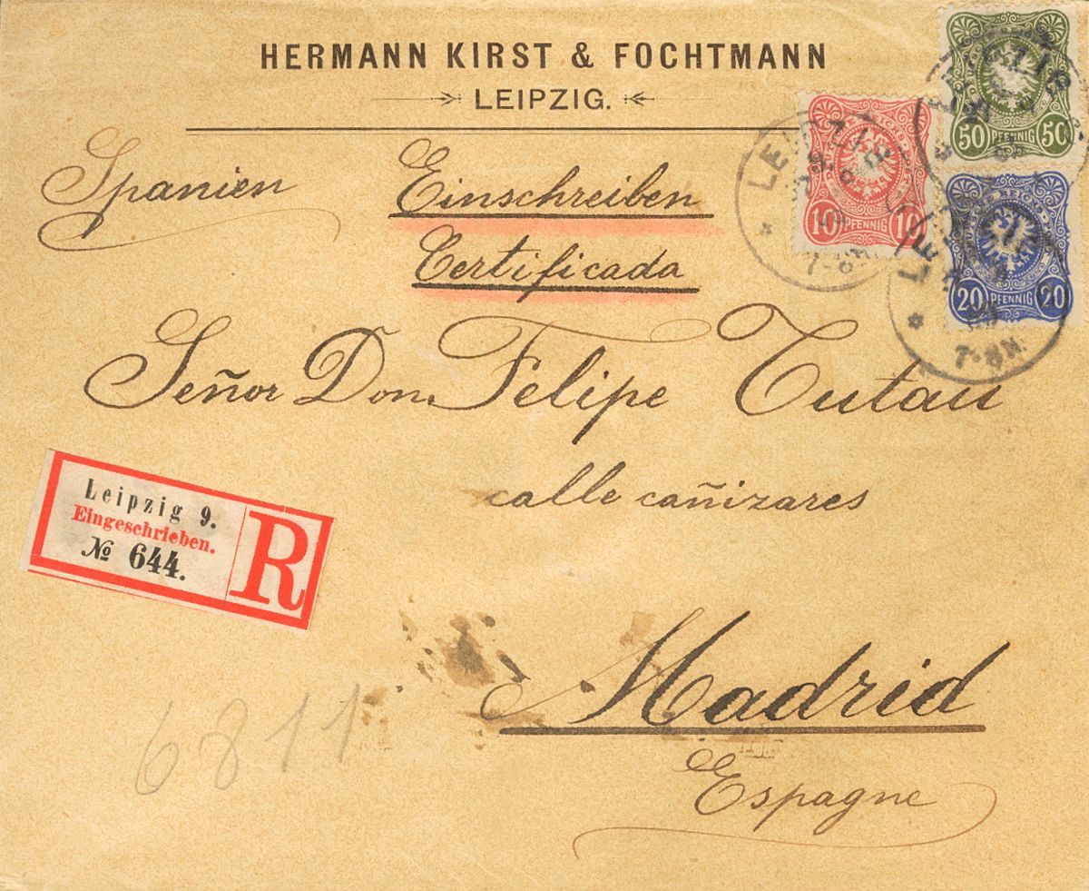 2126 Germany. 1885. COVER. Yv. 38, 39, 41. 10 P Pink, 20 P Dark Blue And 50 P Bronze. Registered From LEIPZIG To MADRID. - [Voorlopers