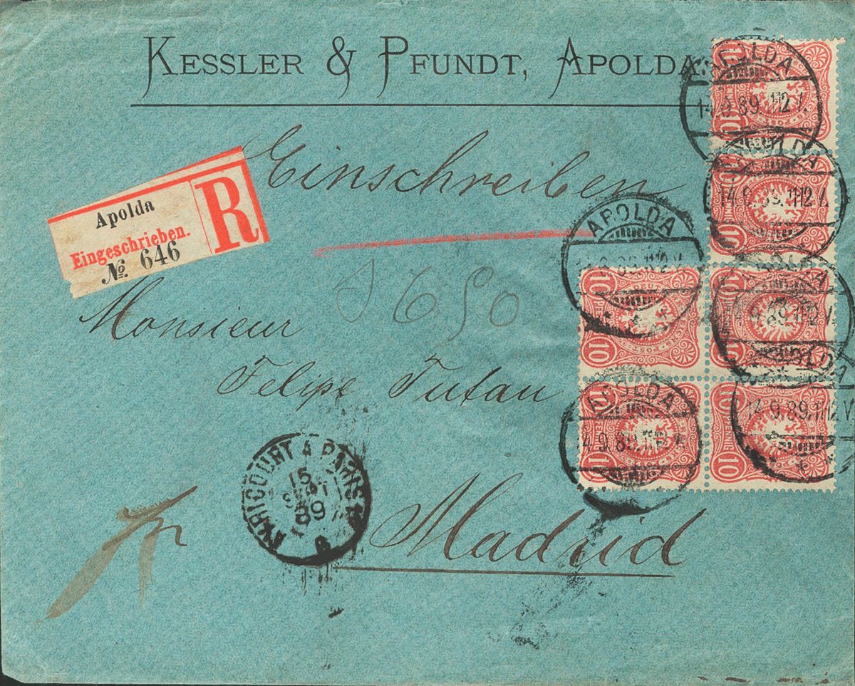 2127 Germany. 1889. COVER. Yv. 38(6). 10 P Red, Six Stamps. Registered From APOLDA To MADRID. On Reverse Arrival. VERY F - Préphilatélie