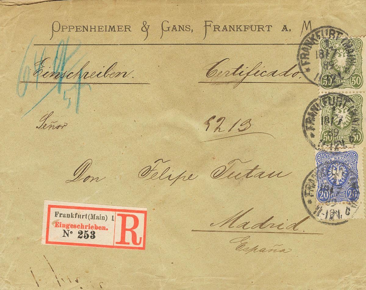 2128 Germany. 1889. COVER. Yv. 39, 41(2). 20 P Blue And 50 P Bronze, Two Stamps. Registered From FRANFURT To MADRID. On  - [Voorlopers