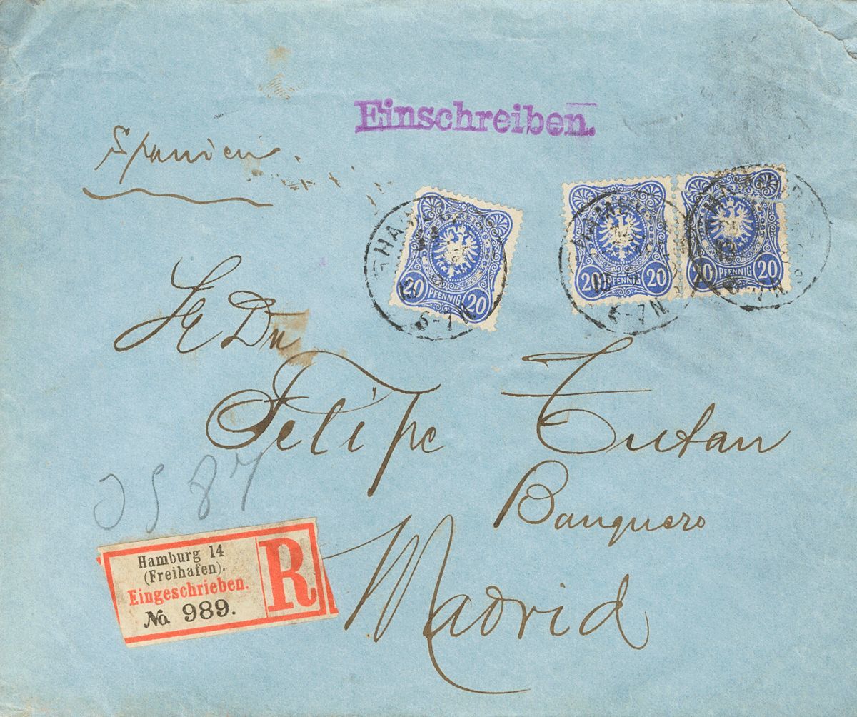 2129 Germany. 1889. COVER. Yv. 39(3). 20 P Blue, Three Stamps (one With Little Origin Defect). Registered From HAMBURGO  - [Voorlopers