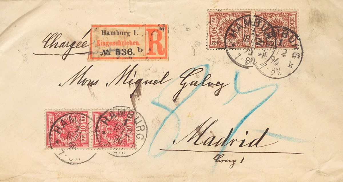 2131 Germany. 1896. COVER. Yv. 47(2), 50(2). 10 P Red, Pair And 50 P Red Chestnut, Pair. Registered From HAMBURGO To MAD - Préphilatélie