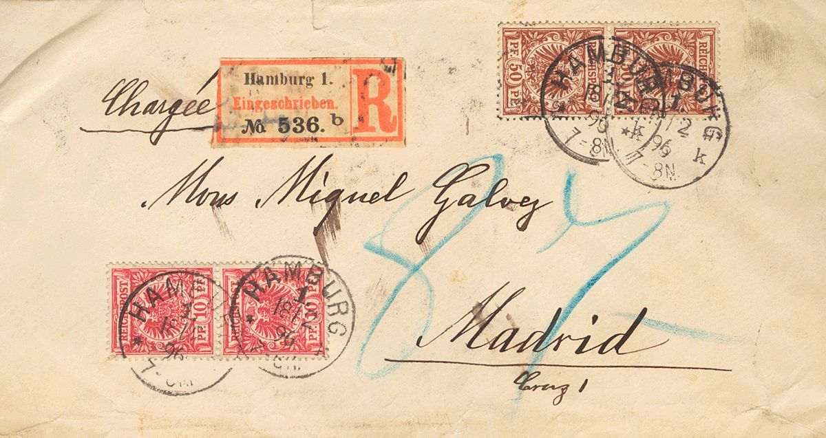 2131 Germany. 1896. COVER. Yv. 47(2), 50(2). 10 P Red, Pair And 50 P Red Chestnut, Pair. Registered From HAMBURGO To MAD - [Voorlopers