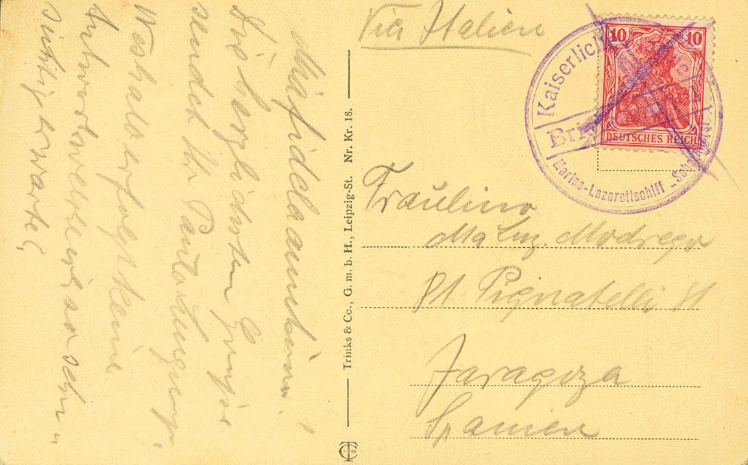 2133 Germany. (1905ca). COVER. Yv. 69. 10 P Red. Postcard Addressed To ZARAGOZA. KAISERLICH-MAINE / BRIEFSTEMPEL / MARIN - [Voorlopers