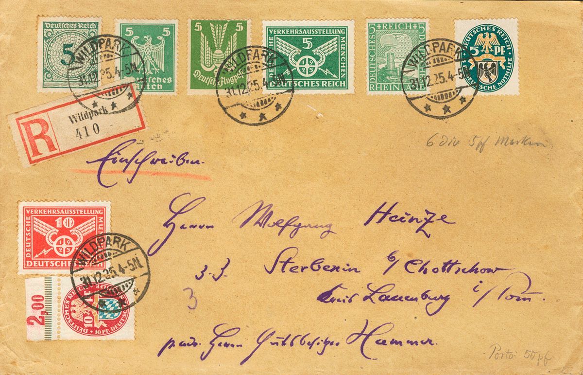 2134 Germany. 1925. COVER. Yv. 363/64,365,368,369,332,349. Complete Set And Various Values. Registered From WILDPARK To  - Préphilatélie