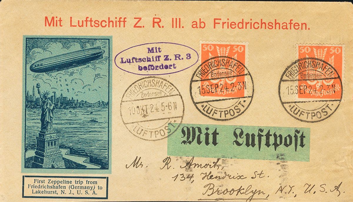 2138 Germany. Airmail. 1924. COVER. Yv. 23(2). 50 P Orange, Two Stamps. Zeppelin From FRIEDRICHSHAFEN To NEW YORK (U.S.A - [Voorlopers