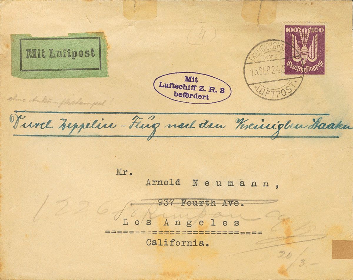 2140 Germany. Airmail. 1924. COVER. Yv. 24. 100 P Violet. Zeppelin From CHARLOTTENBURG To LOS ANGELES (U.S.A.). C.d.s. F - [Voorlopers