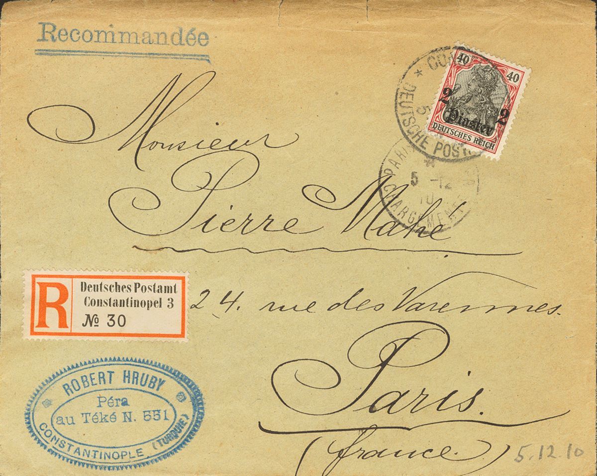 2151 German Offices In Turkish Empire. 1910. COVER. Yv. 45A. 2 Pi On 40 P Carmine And Black. Registered From CONSTANTINO - Turkse Rijk (kantoren)