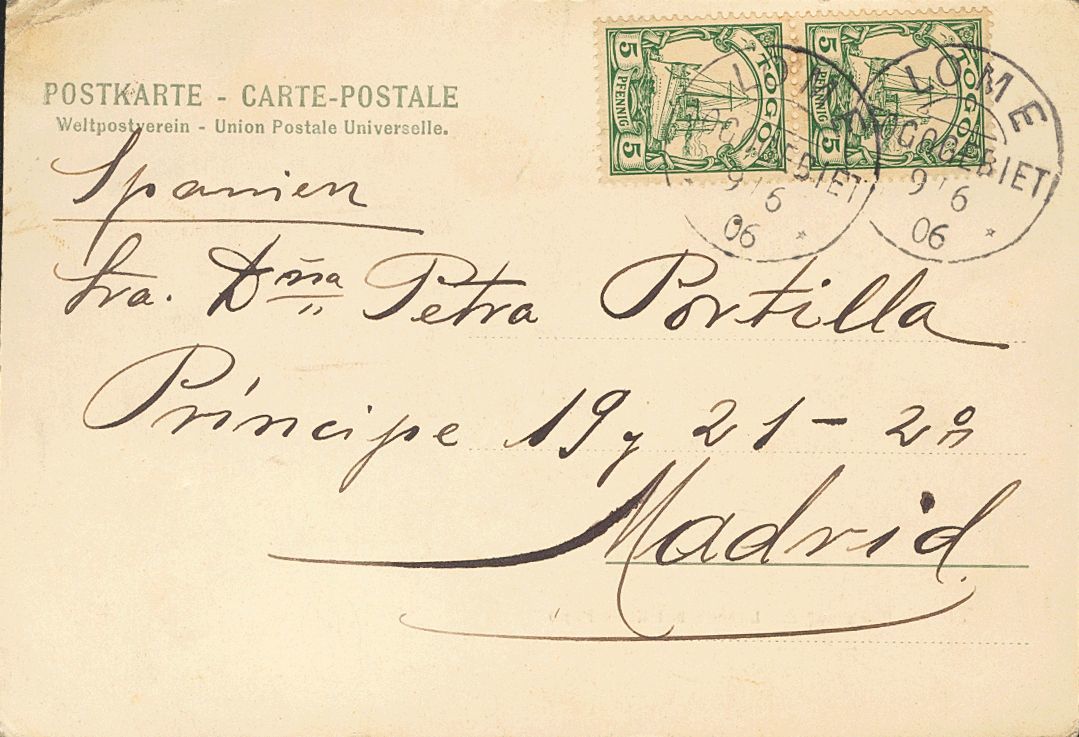 2153 Togo. 1905. COVER. Yv. 8(2). 5 P Green, Pair. Postcard From LOME To MADRID. Postmark LOME / TOGOGEBIET. VERY FINE A - Andere & Zonder Classificatie
