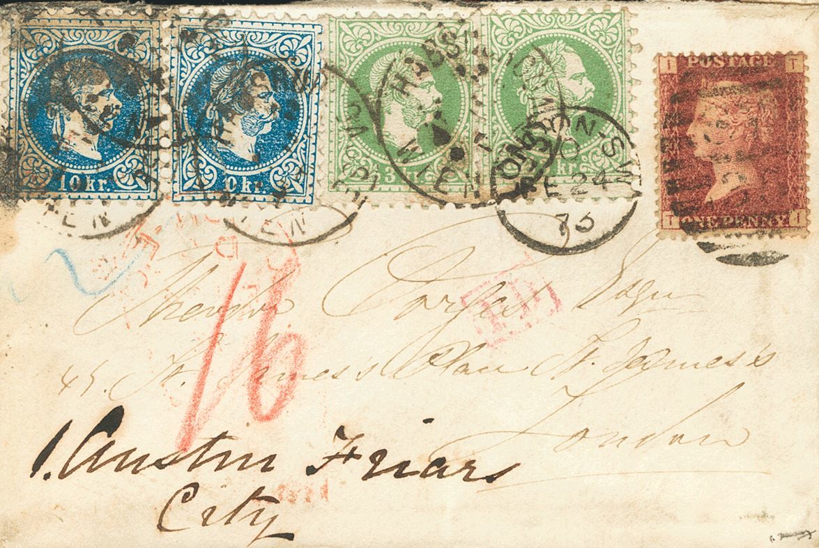 2164 Austria. 1873. COVER. Yv. 33(2), 36(2). 3 K Green, Two Stamps And 10 K Blue, Two Stamps. VIENNA To LONDON, Readdres - Andere & Zonder Classificatie