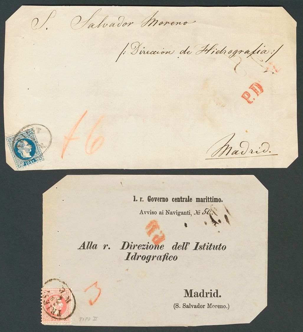 2165 Austria. (1867ca). COVER. Yv. 35, 36. Two Fronts From TRIESTE To MADRID, Circulated With 5 K Pink And 10 K Blue, Re - Andere & Zonder Classificatie