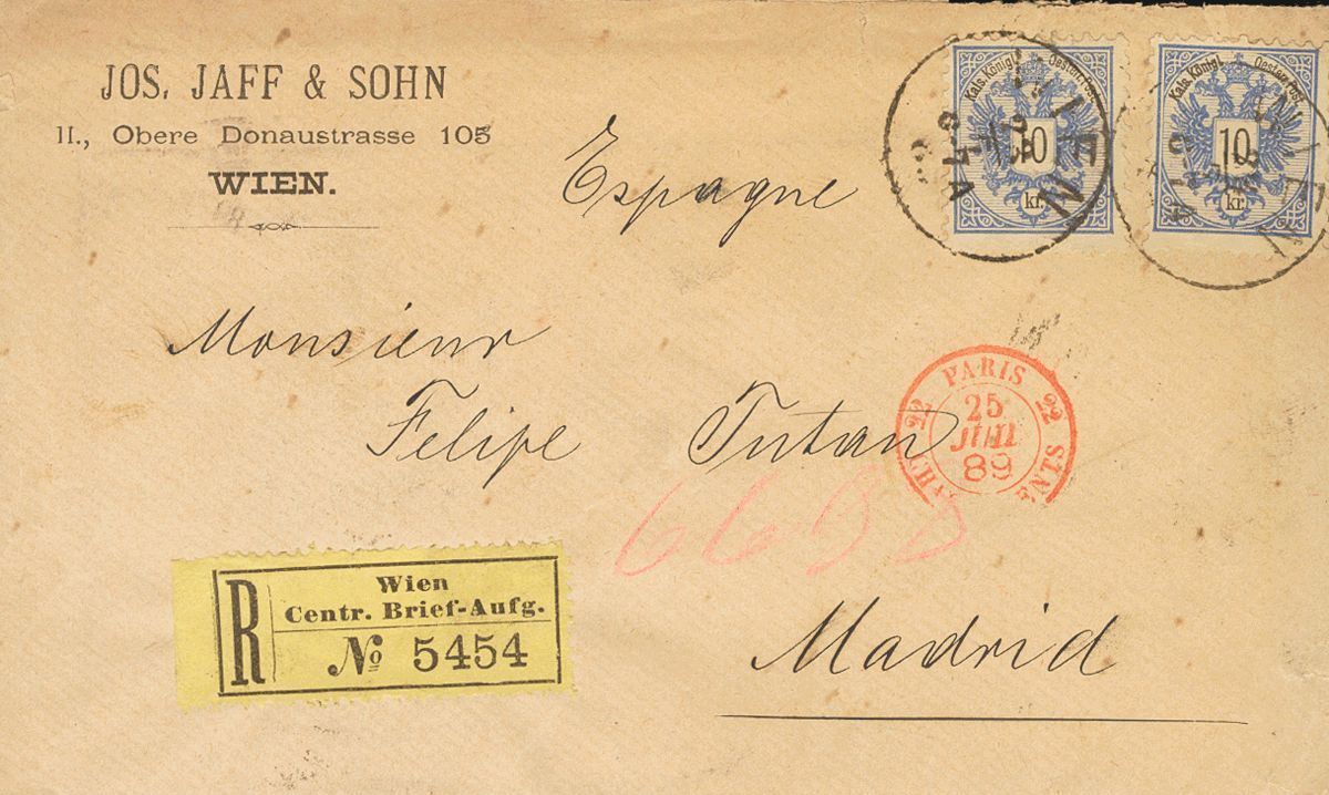 2166 Austria. 1889. COVER. Yv. 43(2). 10k Ultramarine, Two Stamps. Registered From VIENA To MADRID, Addressed Via Paris. - Andere & Zonder Classificatie