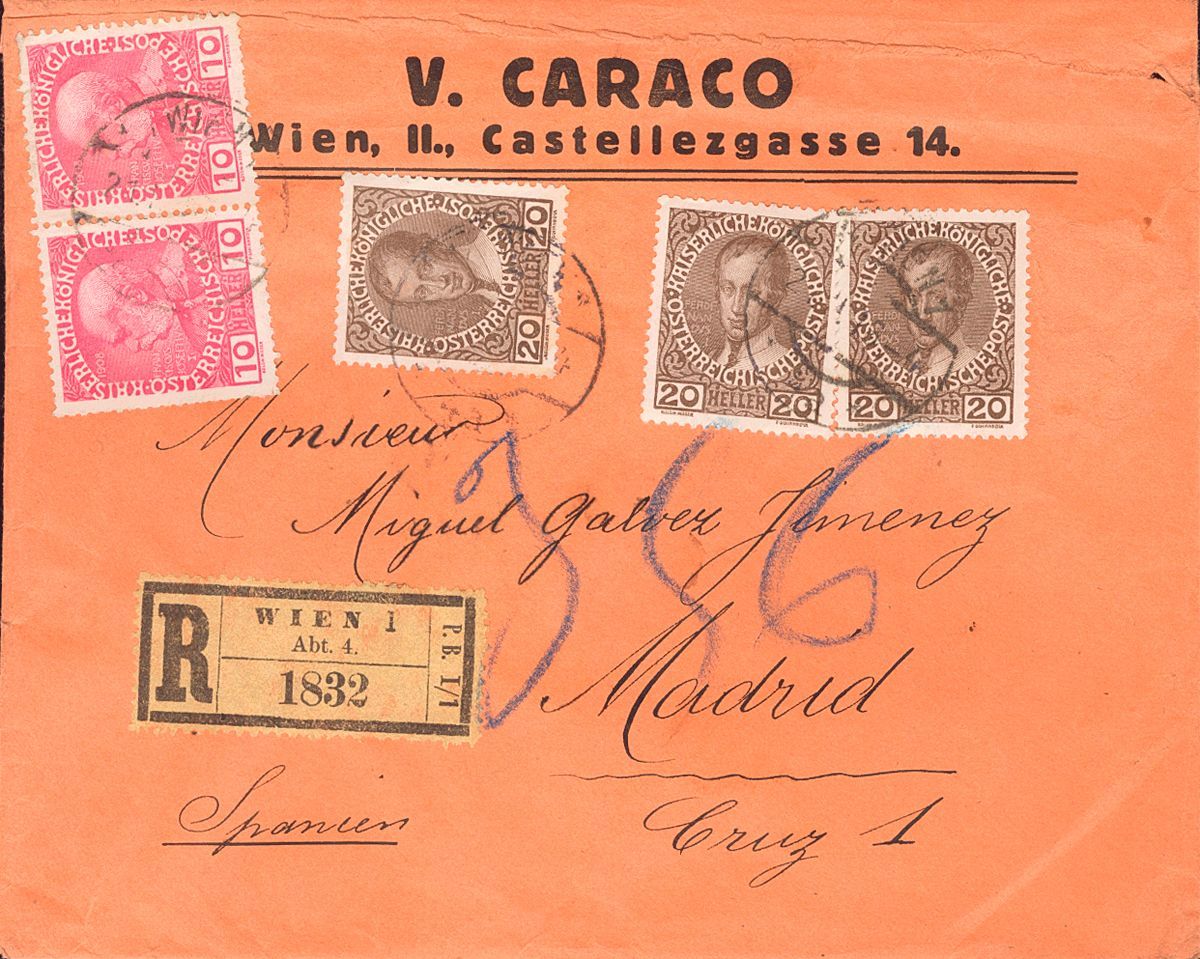 2167 Austria. 1916. COVER. Yv. 106(2), 108(3). 10 H Pink, Two Stamps And 20 H Brown, Three Stamps. Registered From VIENA - Sonstige & Ohne Zuordnung