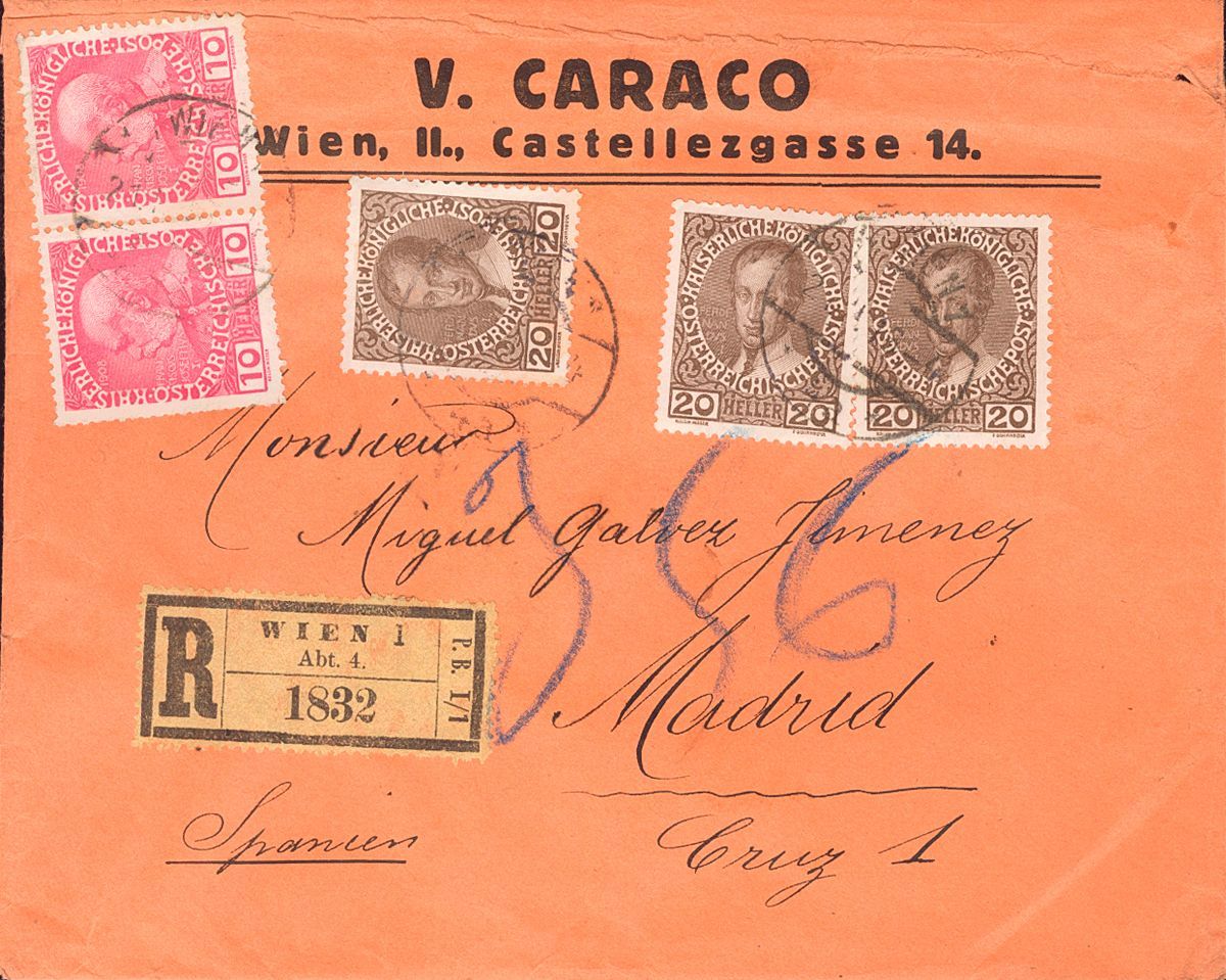 2167 Austria. 1916. COVER. Yv. 106(2), 108(3). 10 H Pink, Two Stamps And 20 H Brown, Three Stamps. Registered From VIENA - Andere & Zonder Classificatie