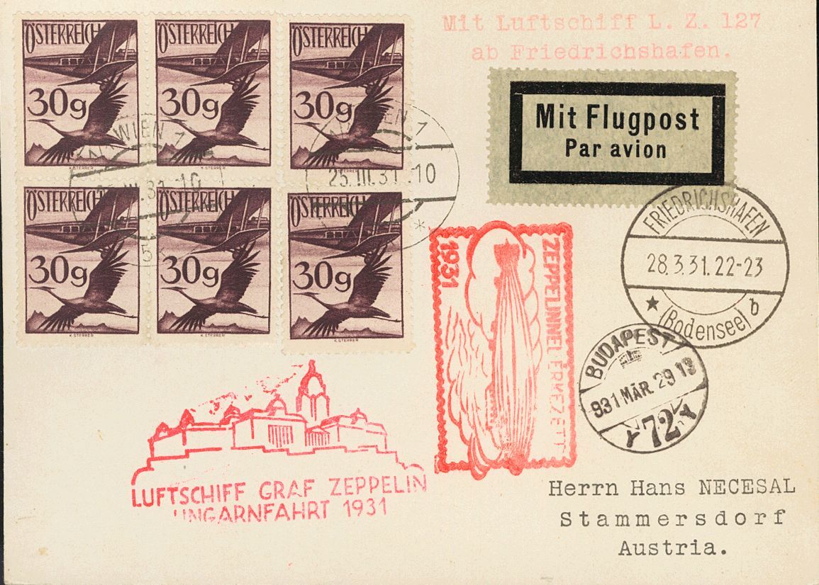 2170 Austria. Airmail. 1931. COVER. Yv. 23(6). 30 G Violet, Six Stamps. Graf Zeppelin Postcard From VIENNA To STAMMERSDO - Andere & Zonder Classificatie