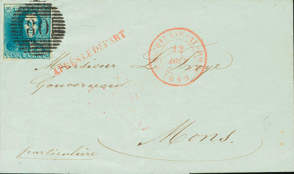 2175 Belgium. 1849. COVER. Yv. 2. 20 Cts Blue. MARCHIENNE AU PONT To MONS. Postmark BARS Nº80 And In The Front Postmark  - Andere & Zonder Classificatie