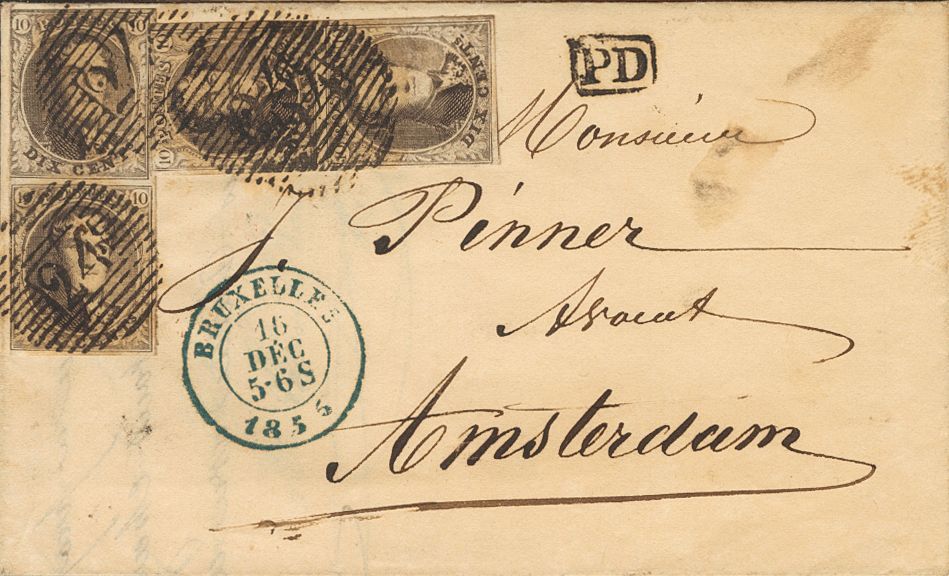 2176 Belgium. 1855. COVER. Yv. 6(4). 10 Cts Chestnut, Two Vertical Pairs. BRUSSELS To AMSTERDAM (NETHERLANDS). Numeral P - Andere & Zonder Classificatie