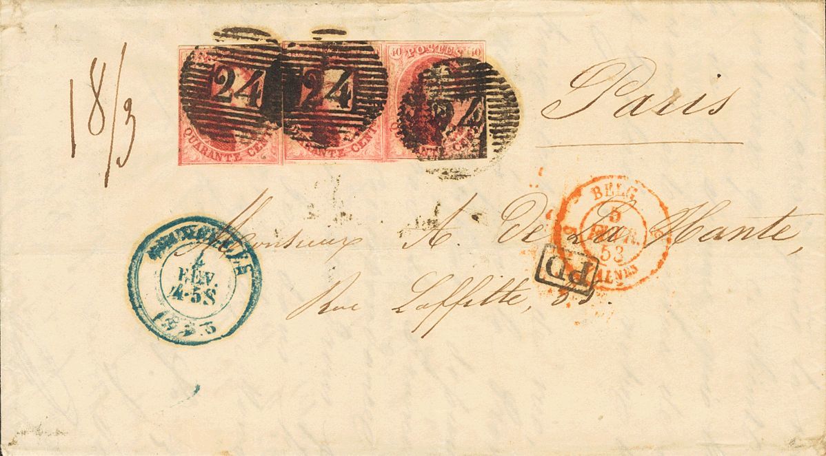 2177 Belgium. 1853. COVER. Yv. 8(3). 40 Cts Red, Pair And A Stamp. BRUSELAS To PARIS. Numeral Postmark "24" And In The F - Andere & Zonder Classificatie