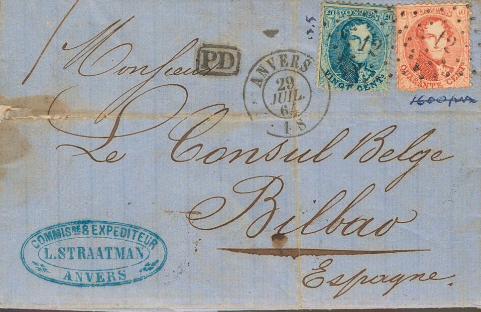 2178 Belgium. 1864. COVER. Yv. 15A, 16A. 20 Cts Blue And 40 Cts Red. ANTWERP To BILBAO (SPAIN). Postmark Diamond Of Dots - Andere & Zonder Classificatie