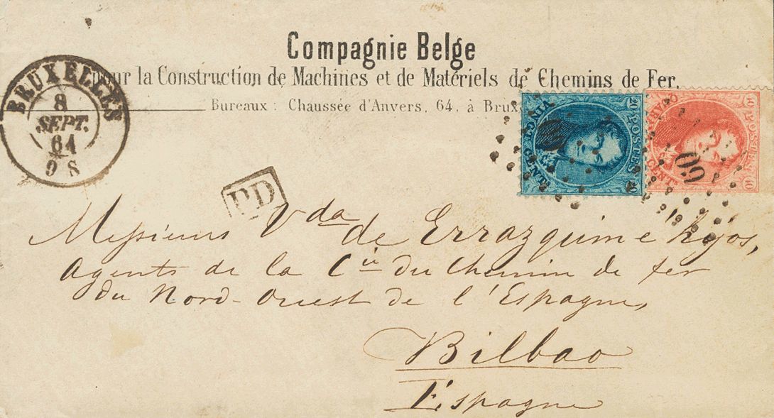 2179 Belgium. 1864. COVER. Yv. 15A, 16A. 20 Cts Blue And 40 Cts Red. BRUSSELS To BILBAO. Postmark DIAMOND OF DOTS "60" A - Andere & Zonder Classificatie