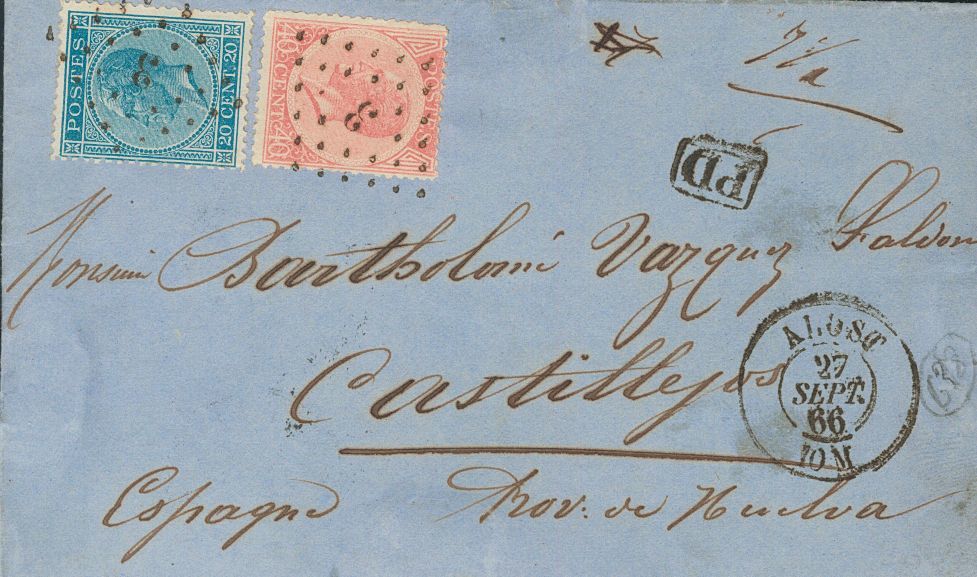 2181 Belgium. 1866. COVER. Yv. 18, 20. 20 Cts Blue And 40 Cts Pink. ALOST To CASTILLEJOS (HUELVA, SPAIN). Postmark DIAMO - Andere & Zonder Classificatie