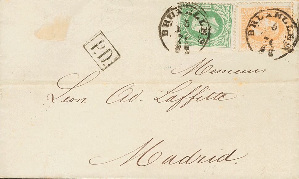 2185 Belgium. 1874. COVER. Yv. 30, 33. 10 Cts Green And 30 Cts Bistre. BRUSSELS To MADRID. C.d.s. BRUXELLES / 68. VERY F - Andere & Zonder Classificatie