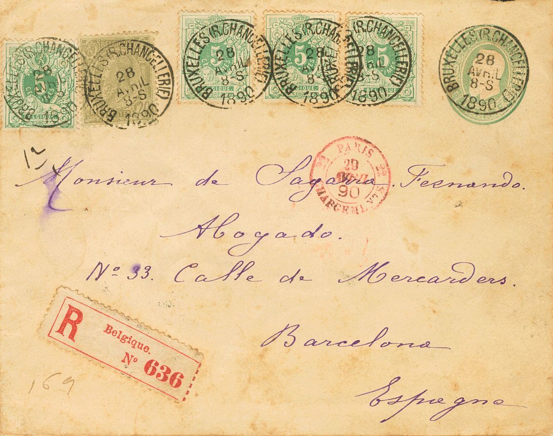2188 Belgium. 1890. COVER. Yv. 45(4), 47. 10 Cts. Green On Postal Stationery Registered From BRUSSELS To BARCELONA, With - Andere & Zonder Classificatie