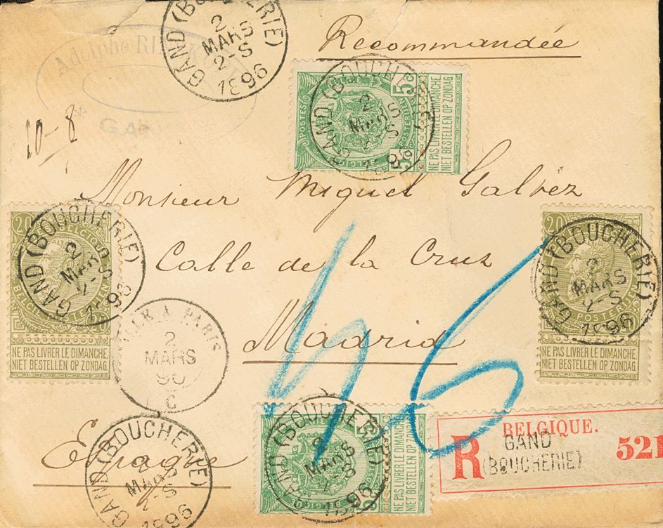 2189 Belgium. 1896. COVER. Yv. 56(2), 59(2). 5 Cts Yellow Green, Two Stamps And 20 Cts Gray Green, Two Stamps. Registere - Andere & Zonder Classificatie