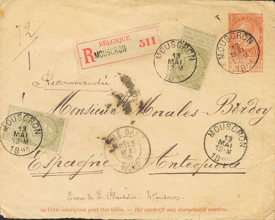 2190 Belgium. Postal Stationery. 1895. COVER. Yv. 59(2). 10 Cts Yellow Chestnut On Postal Stationery Registered From MOU - Andere & Zonder Classificatie