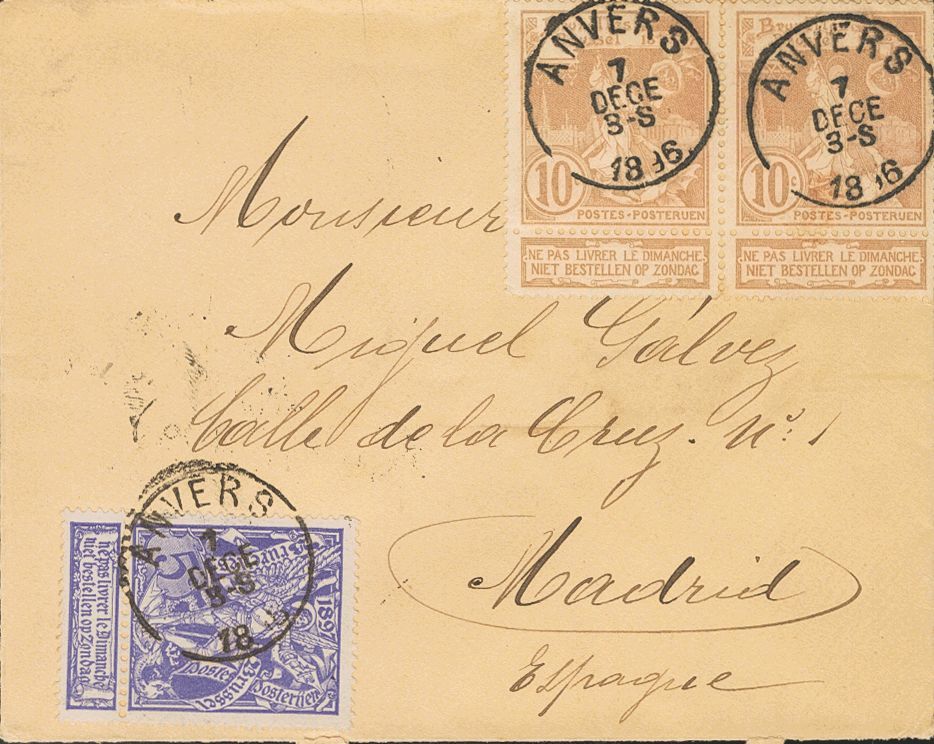 2191 Belgium. 1896. COVER. Yv. 71, 72. 5 Cts Violet And 10 Cts Light Brown, Two Stamps. ANTWERP To MADRID. VERY FINE. - Andere & Zonder Classificatie