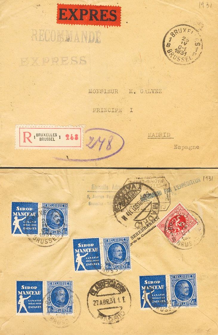 2192 Belgium. 1931. COVER. Yv. 257(4), 282. 1.75 Cts Ultramarine, Four Stamps With Advertising Label SIROP MANCEAU And 2 - Andere & Zonder Classificatie