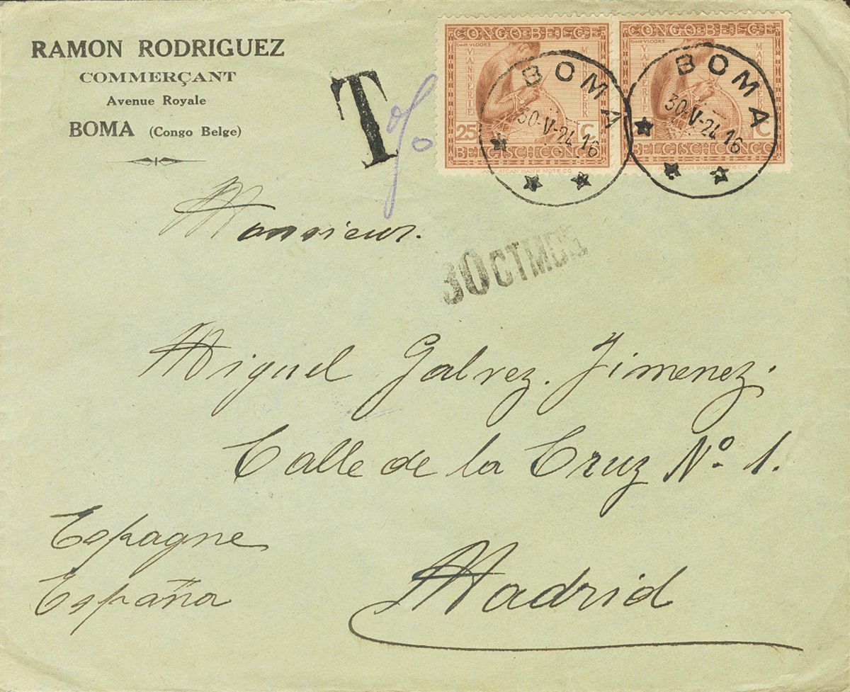 2197 Belgian Congo. 1924. COVER. Yv. 110(2). 25 Cts Red Chestnut, Two Stamps. BOMA To MADRID. On The Front Lineal Mark D - Andere & Zonder Classificatie