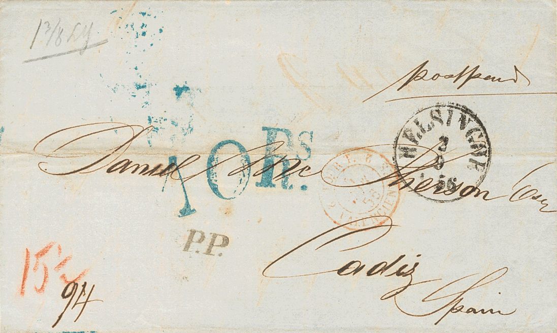 2202 Denmark. 1856. COVER. HELSINOR To CADIZ (SPAIN). HELSINGOR C.d.s. And Various Rates "15 ½", "94" And Entry "10 Rs", - Andere & Zonder Classificatie