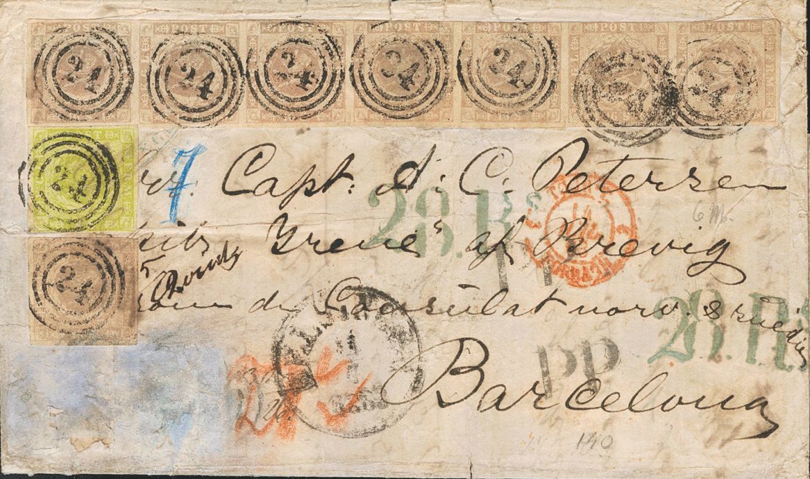 2204 Denmark. 1863. COVER. Yv. 5, 7(8). 8 Sk Green Yellow And 16 Sk Gray Violet, Strip Of Seven And One Stamp. ELSINOR T - Andere & Zonder Classificatie