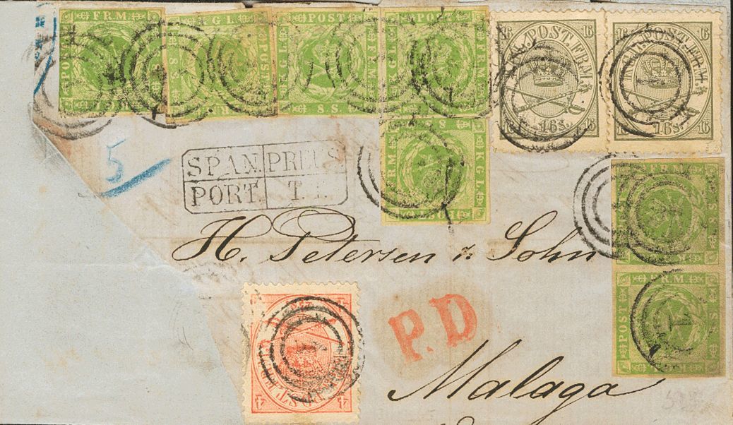 2205 Denmark. (1864ca). Yv. Fragmento 5(7), 13, 15(2). 8 Sk Green, Seven Stamps, 4 Sk Red And 16 Sk Olive, Two Stamps (u - Autres & Non Classés