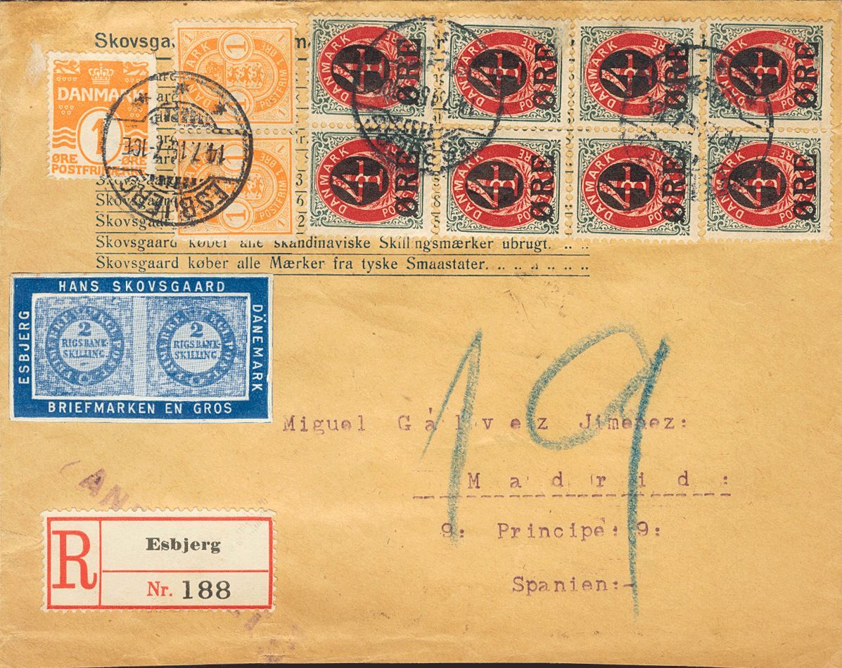 2206 Denmark. 1915. COVER. Yv. 38, 41(8), 48. 1 Ore Orange, Two Stamps, 4 Ore On 8 Ore Blue Gray And Carmine, Eight Stam - Andere & Zonder Classificatie