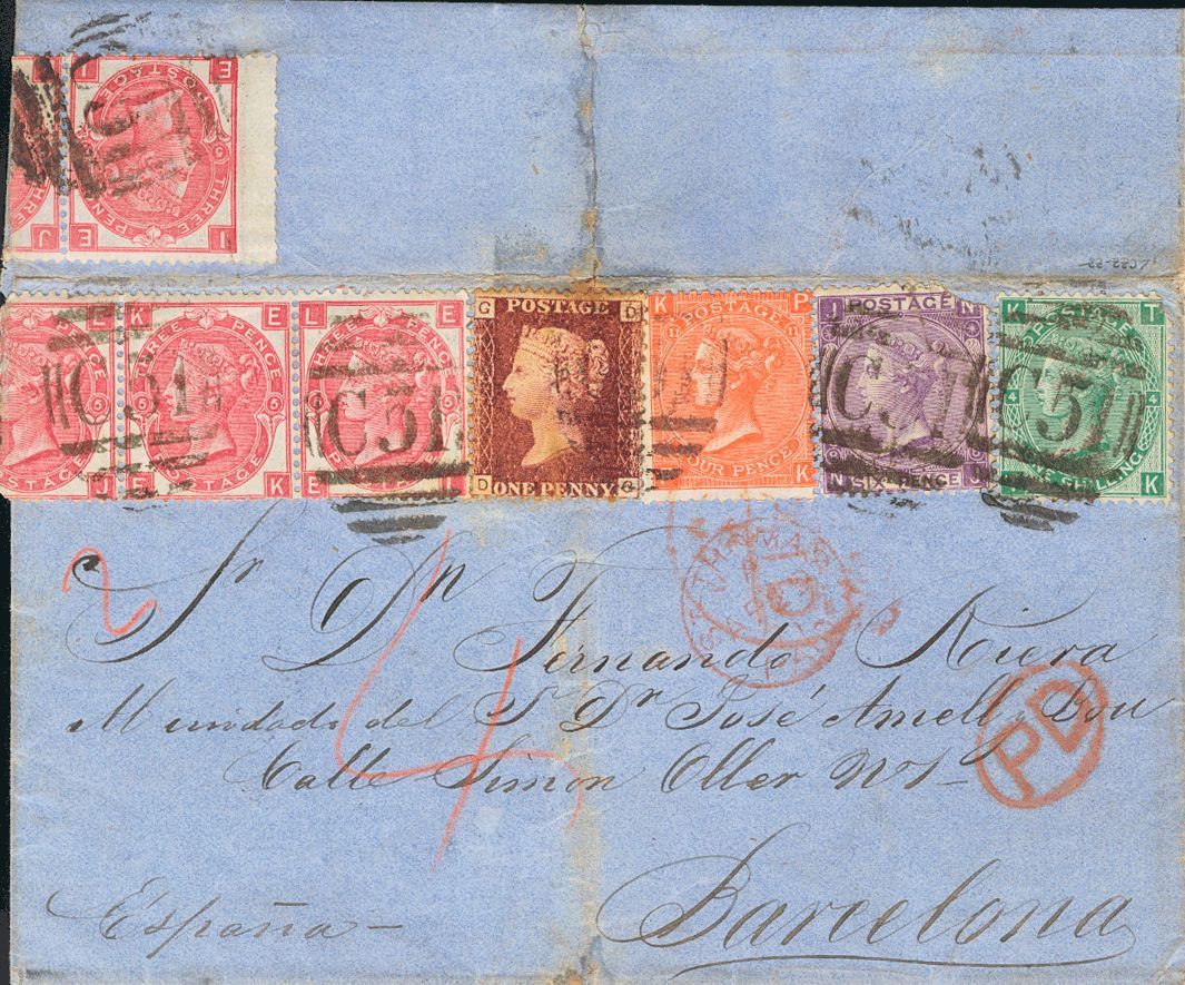 2210 Danish West Indies. Bristish Post Office. 1871. COVER. Yv. 26, 32, 33(4), 34, 37. 1 P Red Chestnut, 3 P Pink, Four  - Deens West-Indië