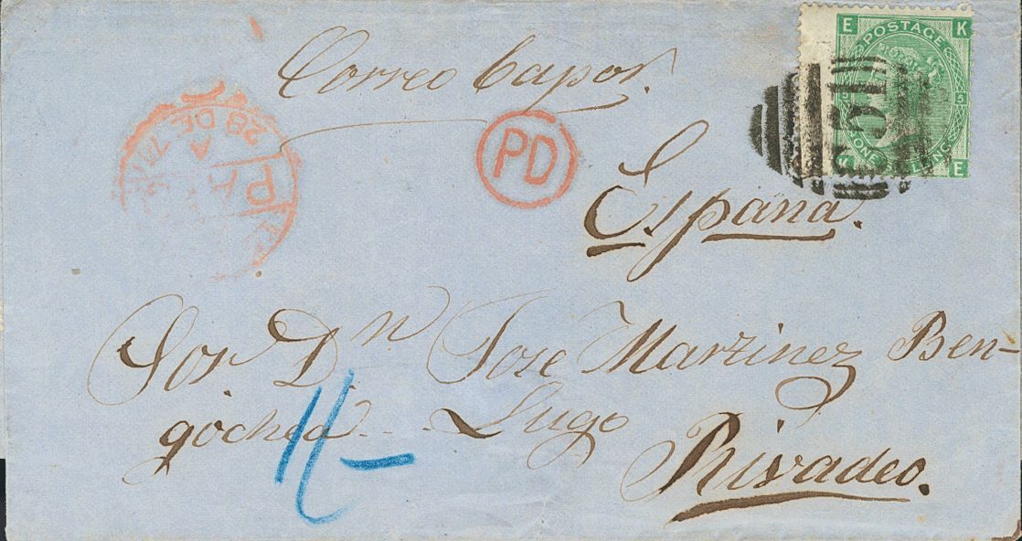 2211 Danish West Indies. Bristish Post Office. 1871. COVER. 1 Sh Green Plate 5 Of Great Britain. SAINT-THOMAS To RIBADEO - Deens West-Indië