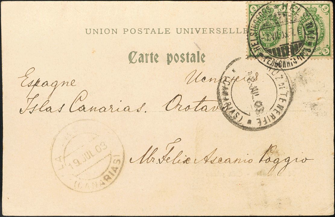 2215 Finland. 1891. COVER. Yv. 37(2). 2 K Green, Pair. Postcard From HELSINKI To LA OROTAVA (CANARY ISLANDS), Addresed V - Andere & Zonder Classificatie