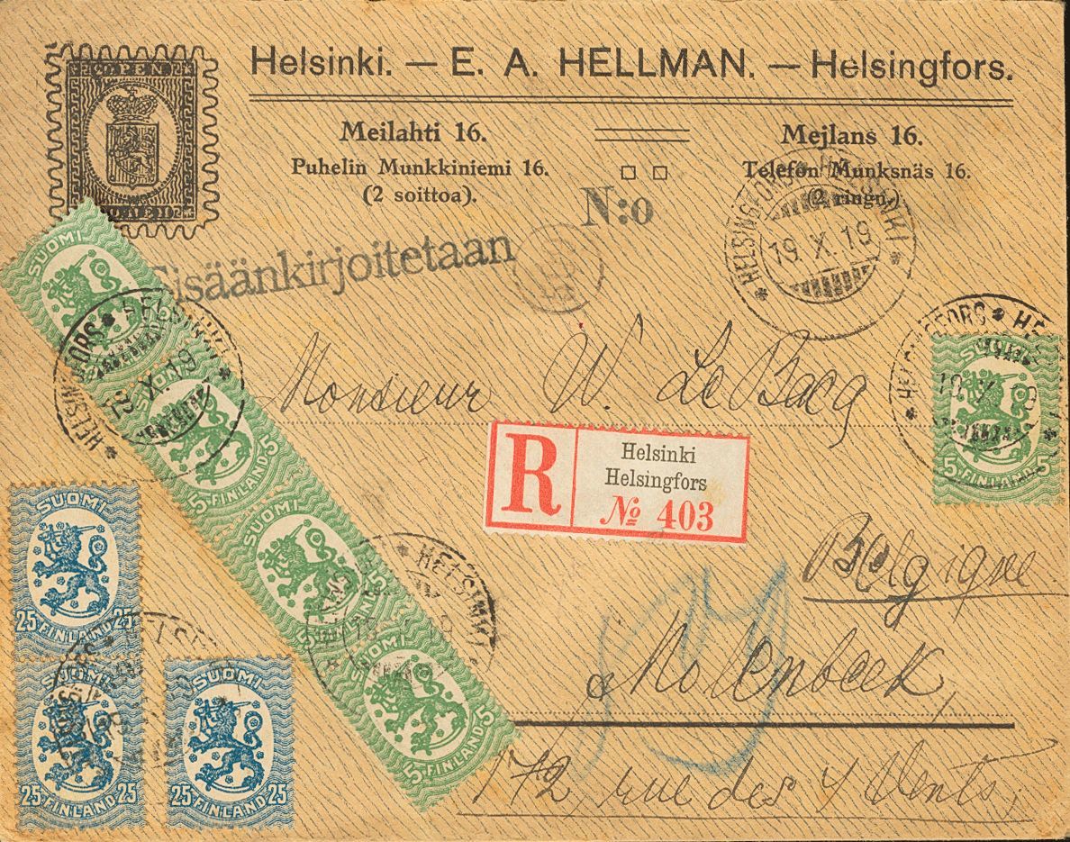 2221 Finland. 1919. COVER. Yv. 66(5), 72(3). 5 P Green, Five Stamps And 25 P Blue. Registered From HELSINKI To MOLENBEEK - Andere & Zonder Classificatie