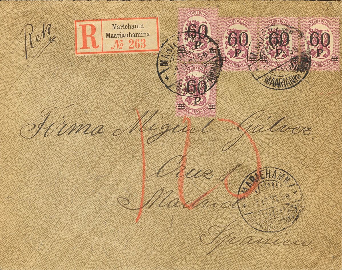 2222 Finland. 1921. COVER. Yv. 96(5). 60 P On 40 P Lila, Five Stamps. Registered From MARIEHAMN To MADRID. On Reverse Ar - Andere & Zonder Classificatie
