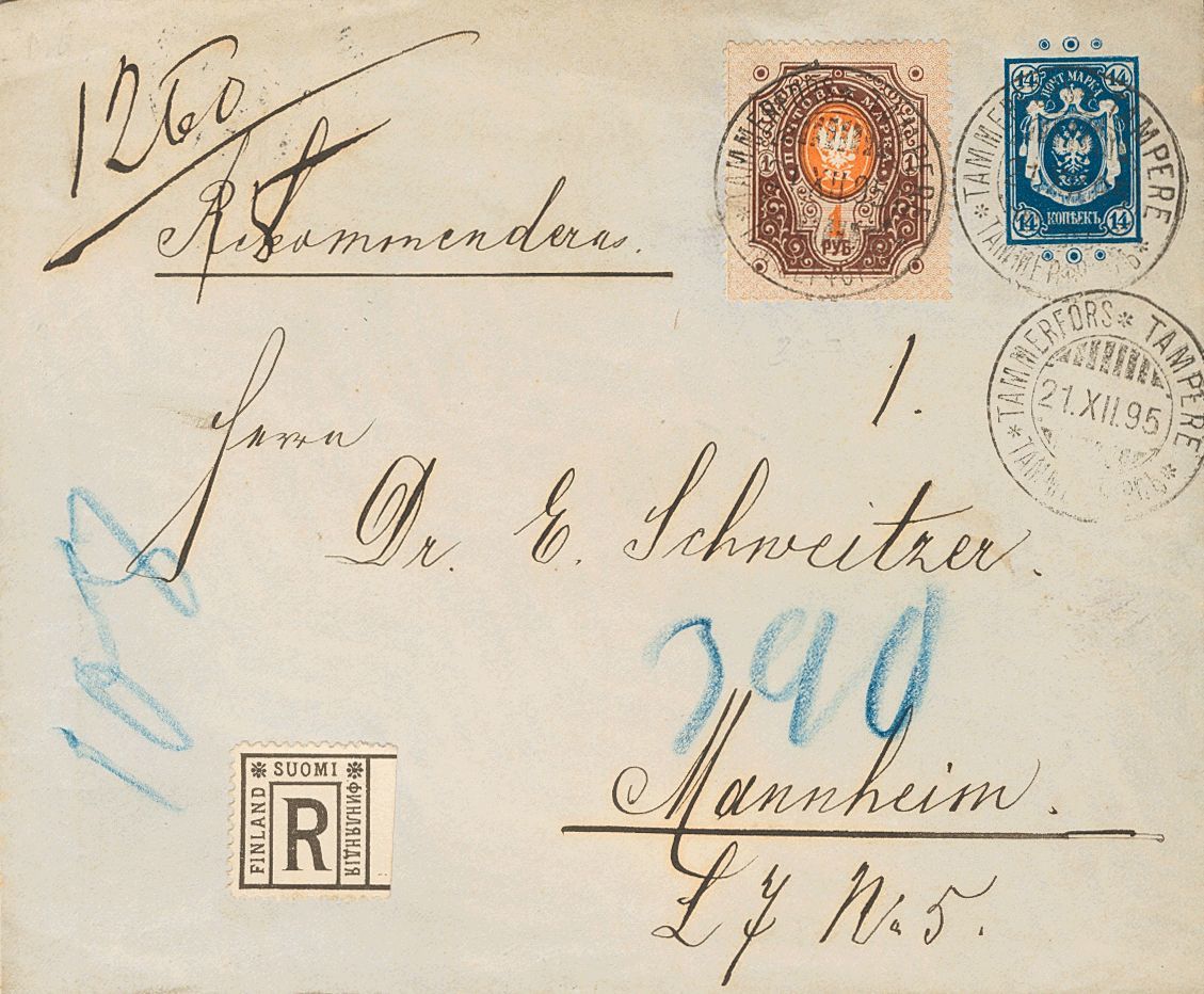 2223 Finland. Postal Stationery. 1895. COVER. 14 K Blue On Postal Stationery Registered From TAMPERE To MANHEIM (GERMANY - Andere & Zonder Classificatie