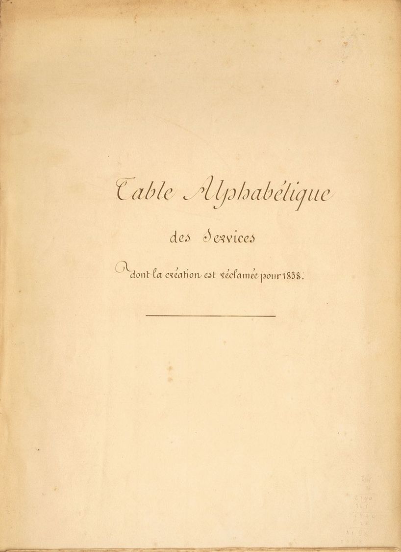 2231 Francia. Bibliografía. 1838. TABLE ALPHABETIQUE DES SERVICES (texto Manuscrito). Aministration De Postes, 1838. - Andere & Zonder Classificatie