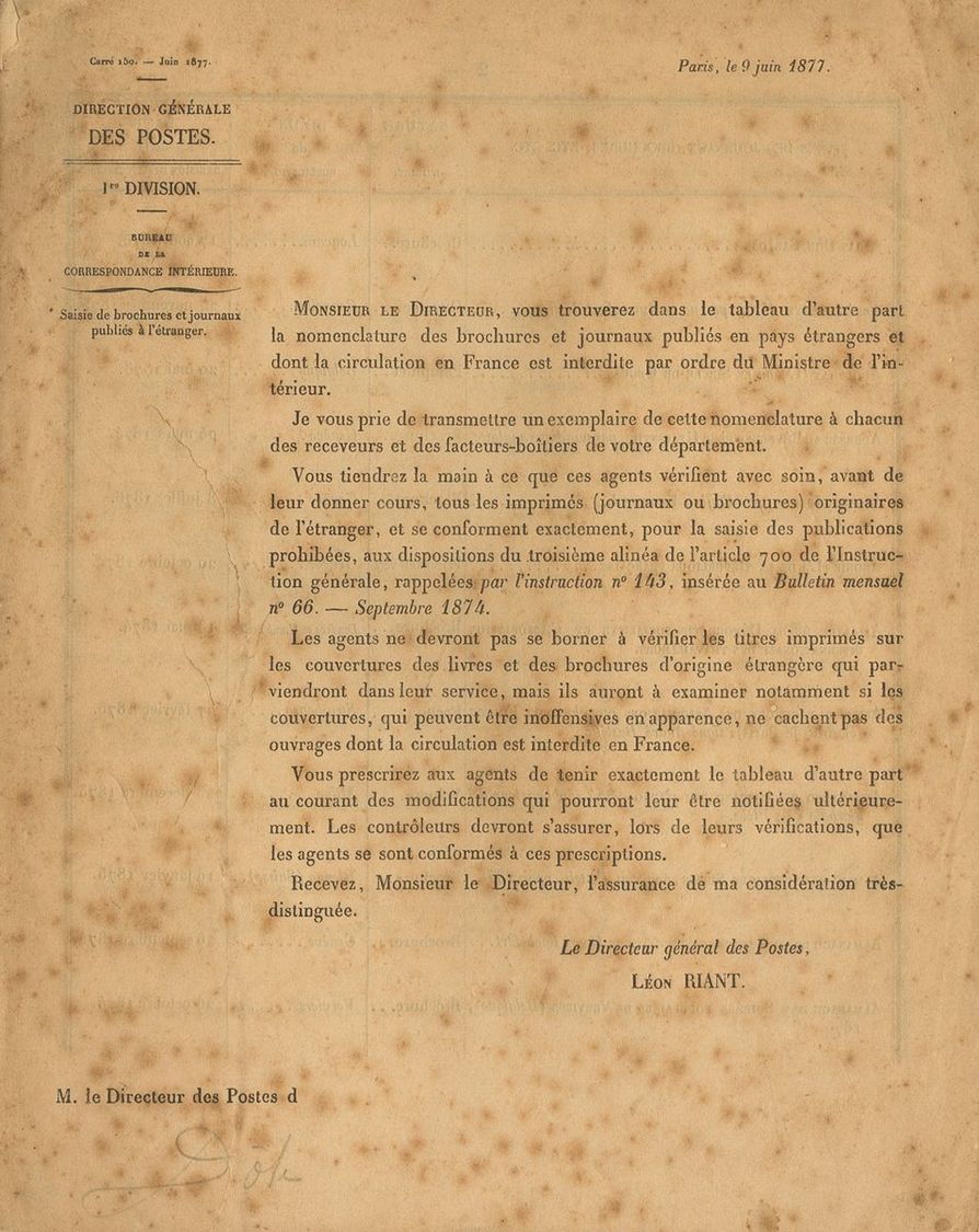 2235 Francia. Bibliografía. 1877. CIRCULAIRE GENERALE ADRESSEE AUX BUREAUX D'ECHANGE. Ministere Des Postes Et Des Telegr - Andere & Zonder Classificatie