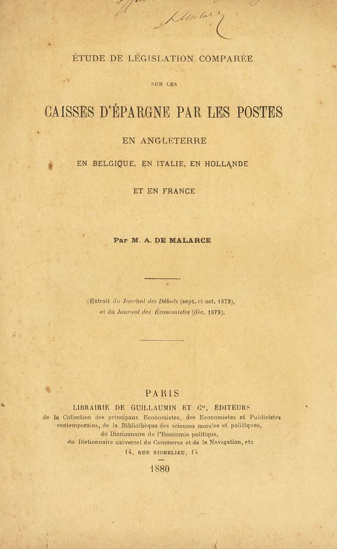 2236 Francia. Bibliografía. 1880. ETUDE DE LEGISLATION COMPAREE SUR LES CAISSES D'EPARGNE PAR LES POSTES EN ANGLETERRE,  - Andere & Zonder Classificatie