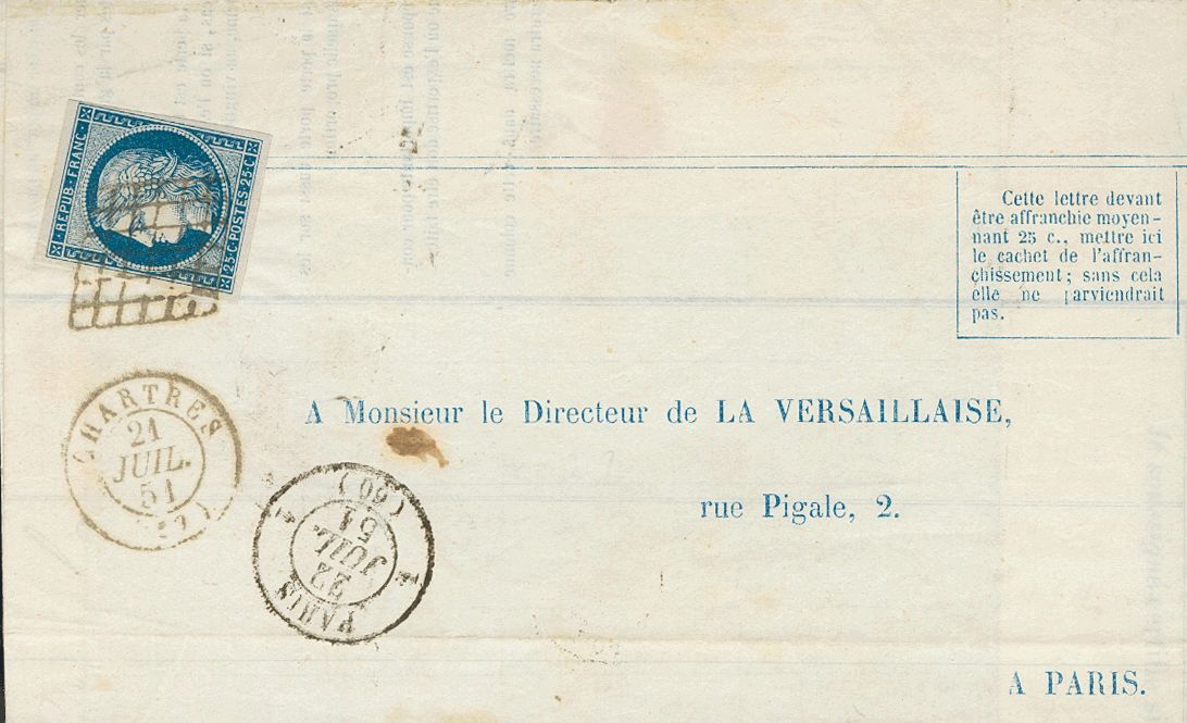 2275 France. 1851. COVER. Yv. 4. 25 Cts Blue. Cover (pre-printed) From CHARTRES To PARIS. Postmark GRID And Indication O - Andere & Zonder Classificatie