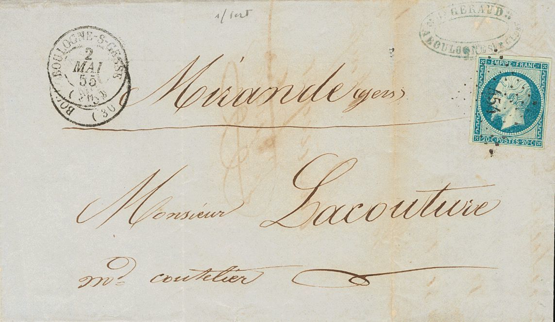 2278 France. 1855. COVER. Yv. 14Ad. 20 Cts Blue On Green. BOULOGNE SUR GESSE To MIRANDE. Postmark LOZENGE OF SMALL NUMBE - Andere & Zonder Classificatie